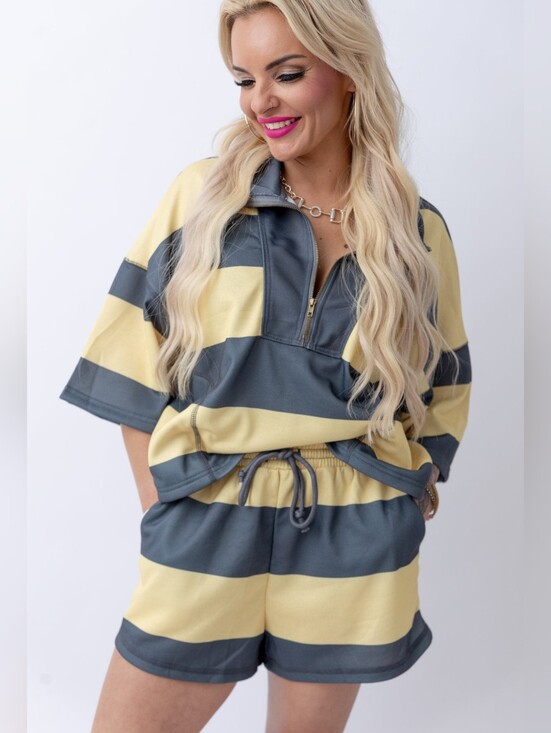 lovlov Pants - LovLov 2 Piece Set Yellow Grey Rugby Striped Half Zip Shorts Lounge L